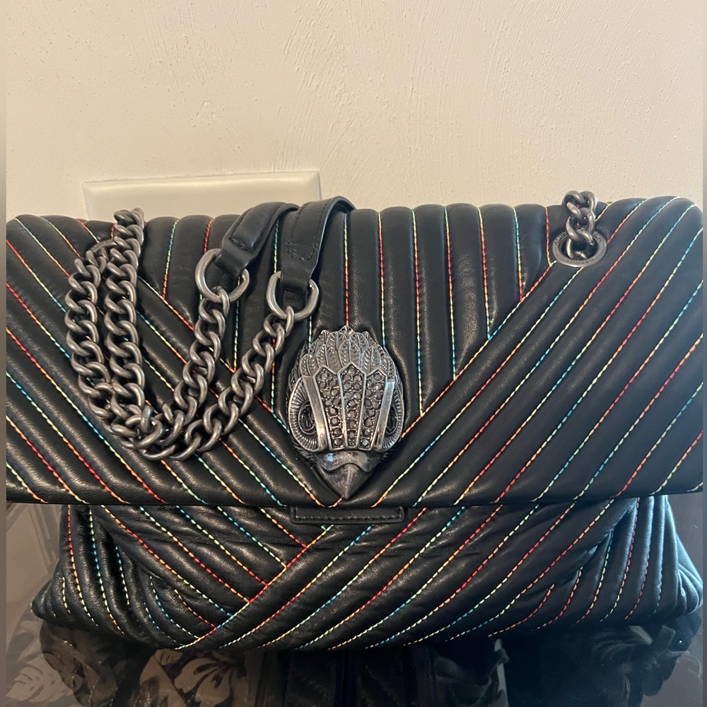 Kurt Geiger Black Quilted Shoulder Bag with Multicolor Stitching